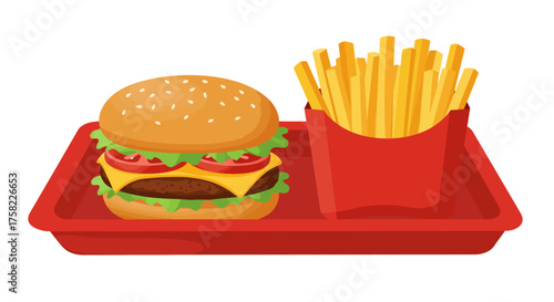 A burger with fries on a red tray sesame seeds on bun visible toppings