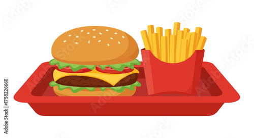 Cartoon burger fries on a red tray sesame bun cheese lettuce tomato