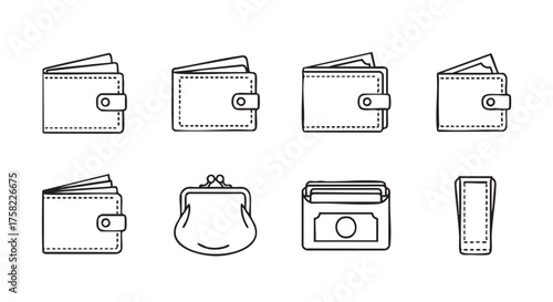 Vector line art illustration featuring various types of money holders
