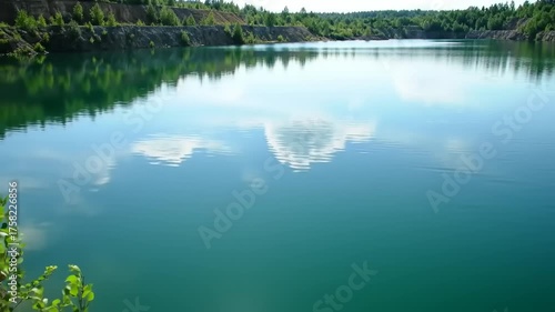 Scenic lake with clear blue water and reflections of sky and trees