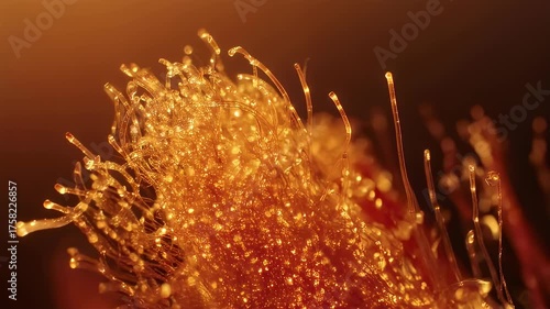 Close-up of a glistening, amber-colored, amorphous form