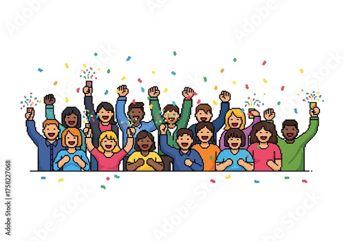 A pixelart crowd celebrates with confetti raising hands and smiling