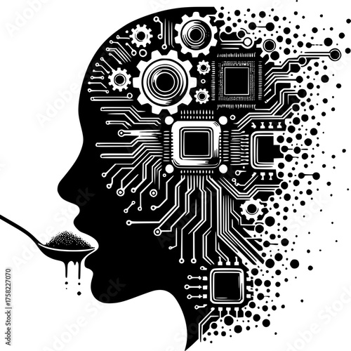 Digital Assimilation: A striking illustration depicts a silhouette of a person consuming data-infused substance.