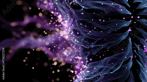 Ethereal waves of purple and blue flow gracefully, creating mesmerizing alignment in nature with sparkling particles enhancing beauty