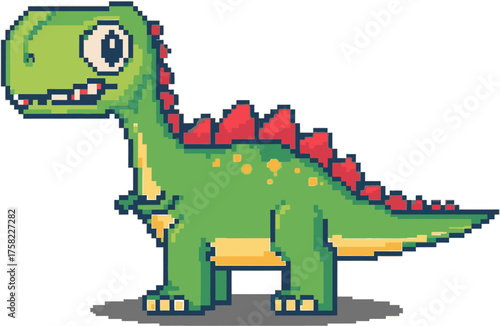A charming pixel art dinosaur stands proudly, showcasing its vibrant green scales and adorable features, perfect for playful illustrations and creative projects.