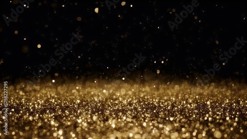Golden bokeh and glitter cascade against a black backdrop