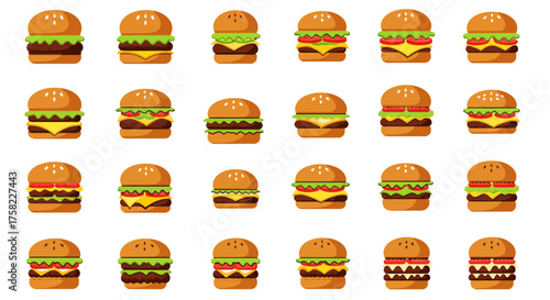 Several cartoon burgers each different arranged in rows on a white background
