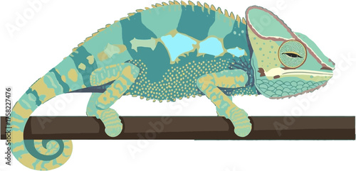 A colorful chameleon perches on a branch, showcasing its vibrant skin tones and unique ability to blend with its environment in a detailed illustration.