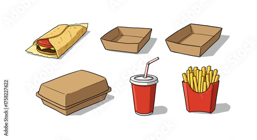 Fast food items displayed a wrap boxes a drink with a straw and fries
