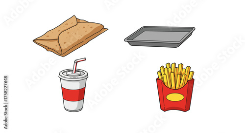 Four images of fast food A burrito a gray metal tray a soda and a box of french fries