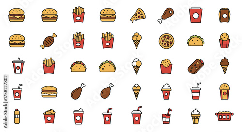 Food icons arrayed on a white field burgers fries drinks pizza tacos chicken ice cream and other assorted items
