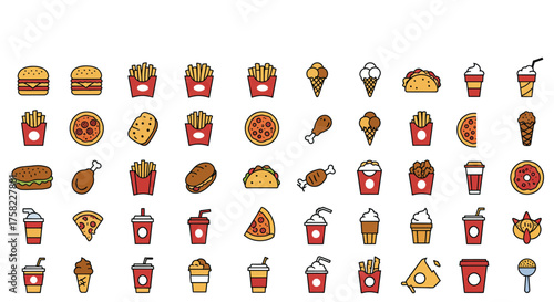 Illustration with various fastfood items including burgers fries pizza tacos ice cream and drinks