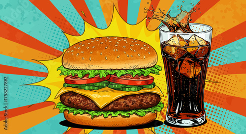 Cartoonstyle burger drink with ice on a colorful background