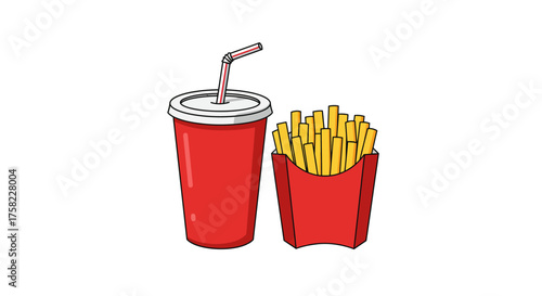 Cartoon depiction of a red drink cup with a straw next to a red fries container full of fries