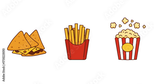 A vector illustration of nachos french fries and popcorn cartoonstyle on a white background