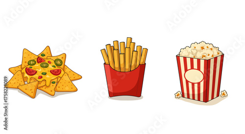 Nachos fries and popcorn are arranged side by side