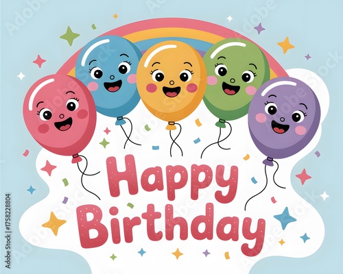 Wallpaper Mural Joyful cartoon balloons with happy faces celebrate a vibrant rainbow birthday with confetti and stars Torontodigital.ca