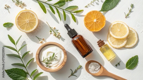 Lemon essential oil in a glass jar with lemon slices, herbs and spices on a white background.