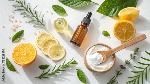 Lemon essential oil in a glass jar with lemon slices, herbs and spices on a white background.