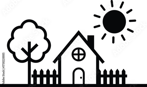 Minimalist black and white house illustration with tree, sun, fence and ground line — perfect for home, education, and design themes