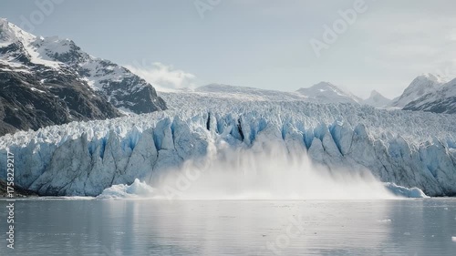 A massive glacier calves into a lake, creating a large cloud