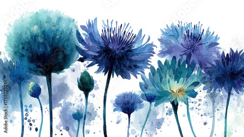 Fototapeta Naklejka Na Ścianę i Meble -  Blue flowers bloom in watercolor with delicate petals and artistic splashes.