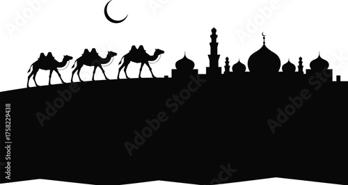 Black and White Silhouette of Camels with Riders Crossing Desert under Crescent Moon and Islamic Architecture – Cultural Travel Vector Art