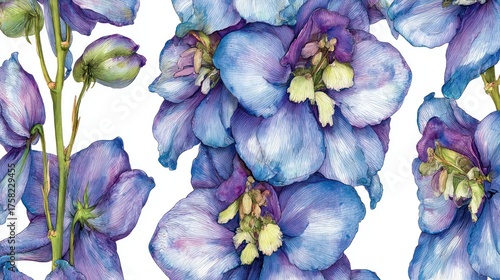 Close-up watercolor painting of blue and purple larkspur flowers.