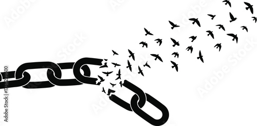 Black chain breaking apart with flock of birds flying away into white background broken link