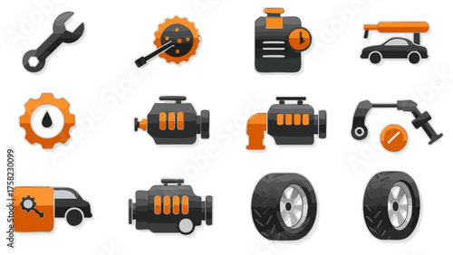 A collection of stylized icons representing various car repair and maintenance services.