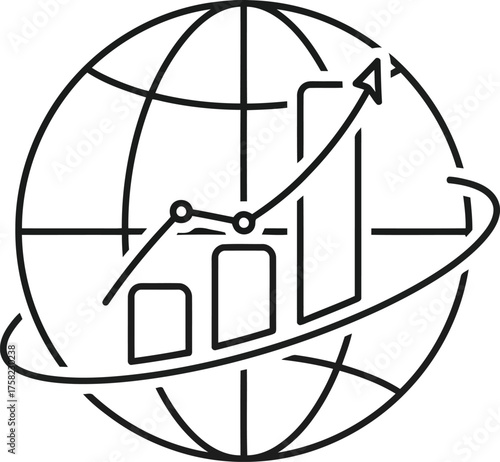 Black line art globe with rising bar graph and upward arrow symbol world earth