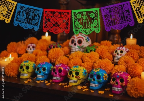 Colorful Day of the Dead Altar with Sugar Skulls, Marigolds, and Papel Picado Decorations