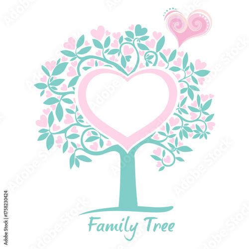 Family tree - frames empty for your input. Love tree. Heart tree with red heart leaf  isolated on white background.  Vector Illustration