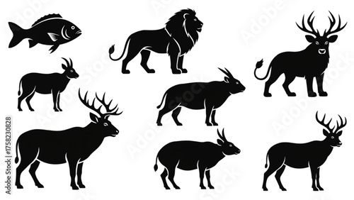 A diverse collection of wild animal silhouettes featuring a lion, deer, fish, and antelope for creative design