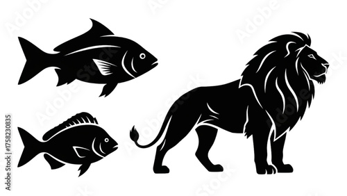 Bold silhouettes of a majestic lion and fish, isolated vector wildlife icons