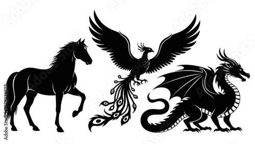 Fantasy Creatures Silhouettes Dragon, Phoenix, and Horse Illustration