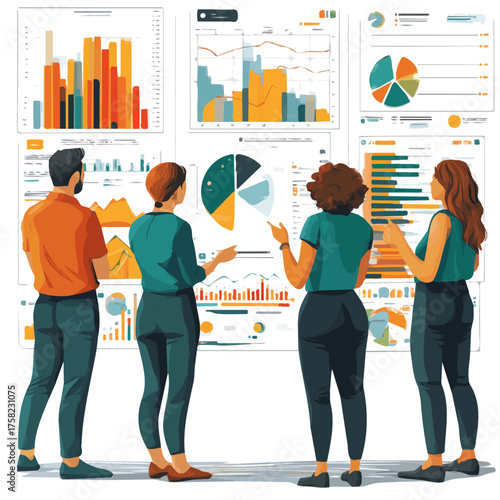Teamwork illustration with people communicating via charts, flat style, white background. 

