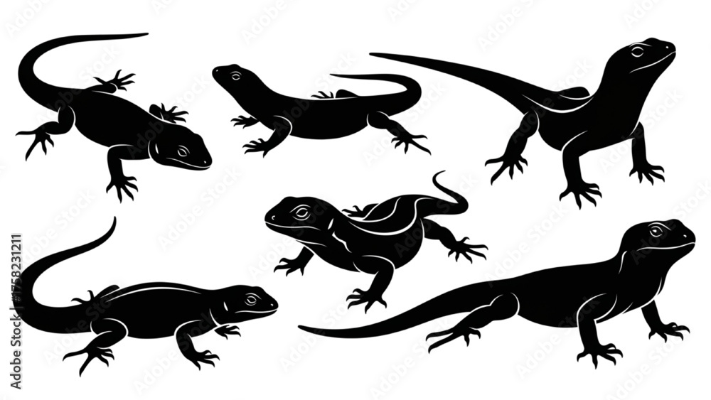 Naklejka premium Assortment of black lizard and gecko silhouettes depicting various reptile forms and dynamic poses for educational graphics and design projects