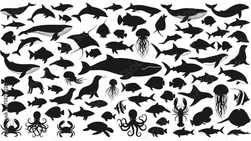 A large collection of black vector silhouettes of various sea animals and marine wildlife