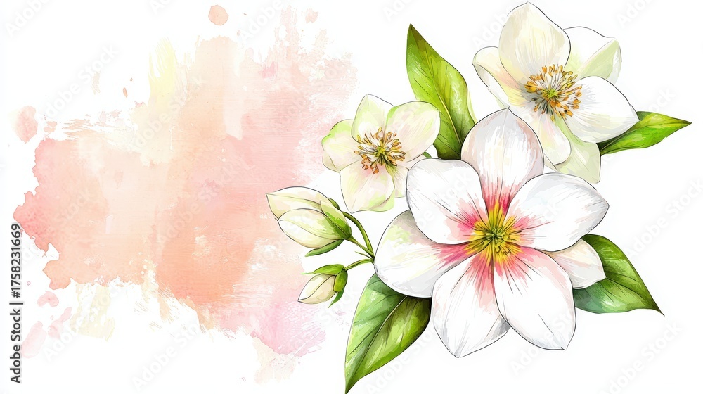 Fototapeta premium Sleek hellebore line art in matte black, contrasted against a soft peach gradient, left third reserved for typography