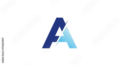 A stylized letter A logo divided diagonally half is dark blue the other light blue with an arrow in the middle