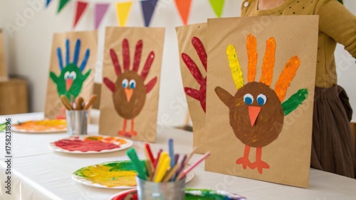 thanksgiving craft ideas Colorful handprint turkeys displayed on a table for a festive craft activity.