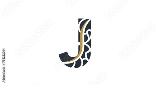 A dark blue letter J with a golden outline and an interior mosaic design on a white background