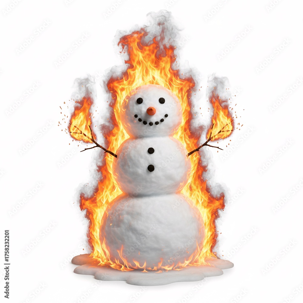 Obraz premium A snowman is melting in fire, surrounded by a bright and intense flame,