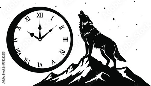 Black silhouette of a wolf howling at the moon on a mountain peak next to a large clock face with Roman numerals