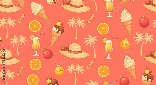 A repeating pattern featuring ice cream cones and summer ornaments such as sun hats, tropical drinks, orange slices, and palm silhouettes, all arranged harmoniously on a warm coral pink background