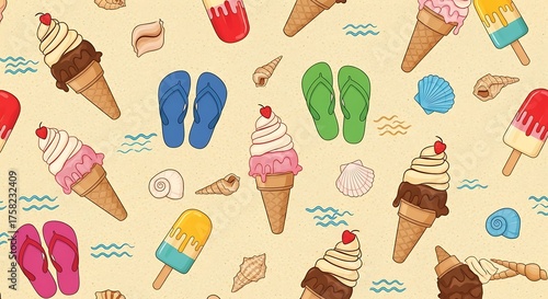 A seamless pattern of ice cream cones with chocolate, vanilla, and strawberry swirls arranged playfully on a sandy beige background