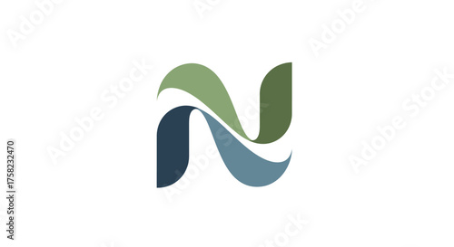 A stylized N formed with interwoven ribbons in muted green  blue hues on a clean white background