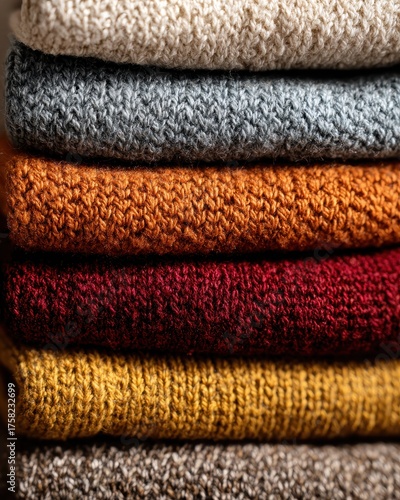 Warmth in Layers - A Cozy Stack of Textured Knitted Sweaters in Rich Autumnal Hues.