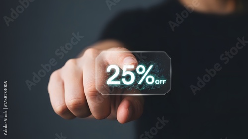 Wallpaper Mural Close up of a person s hand pointing to a holographic display showing twenty five percent off a product or service Torontodigital.ca